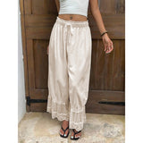 MQTIME  -  Women Mesh See-through Floral Lace Patchwork Ruffle Hem Bloomer Pants Loose Drawstring Elastic Waist Cropped Trousers