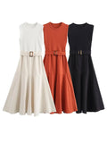 MQTIME  -  Summer New Fashion Belted Patchwork Dress Women O-Neck Sleeveless Long Dresses Female Elegant Solid Vacation Beach Vestidos