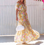 MQTIME  -  Boho Dress Slash Neck Floral Printed Summer Dress Femme Hippie Vestidos A-line Holiday Robes Chic Maxi Dresses