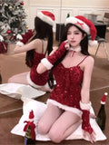 Mqtime Women Christmas Party New Year Red Nightclub Dress Female Elegant Sleeveless Sexy Slim Mini Dress Faux Fur Patchwork Prom Dress