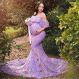  MQTIME  -  Ruffles Lace Maternity Dresses For Photo Shoot Shoulderless Fancy Pregnancy Dress Long Pregnant Women Maxi Gown Photography Prop