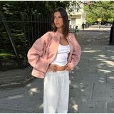 MQTIME  -  Street Suede Pink Women Jacket Fashion Long Sleeve Zipper Stand Collar Button Female Jackets Autumn New Lady Outwear