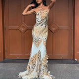 MQTIME  -  Vintage Leopard Print Long Dress Women Spaghetti Strap Halter High Waist Ruffle A-Line Dresses Summer Beach Vacation Formal Gown