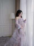 MQTIME  -  Off-Shoulder Maternity Gown for Photo Shoot with Long Train Soft Mesh Chiffon Floral Print Wedding Dress for Pregnant Women ﻿
