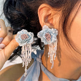 Mqtime Fashion Cloth Flower Crystal Beading Tassel Earrings for Women New Rose Temperament Earrings Wedding Jewelry Accessories