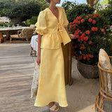 MQTIME  -  Elegant High Waist Holiday Outfit 2025 New Women's V Neck Lace Up Top + Long Skirt Suit Sweet Casual Puff Sleeves Two Piece Set