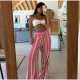MQTIME  -  Rainbow Color Knitted Striped Pants Women Wide Leg Hollow Out Striped Loose Trousers 2025 Autumn Fashion Vacation Street Pants