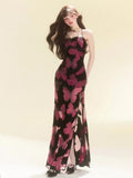 MQTIME  -  Vintage Butterflies Print Dresses for Women Spaghetti Strap Evening Dresses Summer Sexy Irregular Black Long Dress Ins