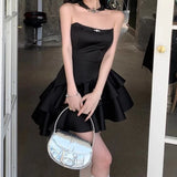 MQTIME  -  Black Strapless Sweet Satin Dresses Woman Mini Sleeveless Short Dress Coquette Aesthetic Ruffle Bodycone Summer Chic