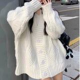 MQTIME  -  Women's Knitting Sweater Autumn Winter White Brown Thick Brown Knit Cardigan Loose Knit Retro Outerwear Sweater