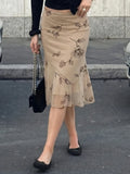 MQTIME  -  Temperament Flower Print Irregular Design Gauze Patchwork Mid-length Skirt