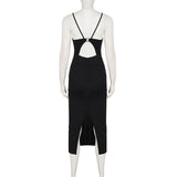  MQTIME  -  Women Black Midi Dress Spaghetti Strap Bodycon Backless Cut Out Sleeveless Elegant Party Evening Dress Slim Fit Sexy High Waist