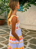 MQTIME  -   Halter Lace Up Print Dress Cake Contrast Color Pleated Layered Suspender Baggy Women Beach Strap Long Dresses Fuffy Robes Summer