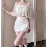 MQTIME  -  French Coquette Sexy 2 Piece Set Women Off Shoulder Lace Crop Top Bow High Waist Bodycon Mini Skirt Slim Fit Dress Elegant Party