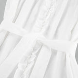 MQTIME  -  Boho White Dress Lantern Sleeve Lace-up Short Dress Cotton Holiday Vestidos Women Button Down Ruffled Edged Robes