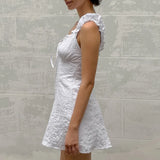 MQTIME  -  French Style White Lace Trim Short Sleeve Dress 2025 Summer A Line Bow Tie Casual Mini Dress