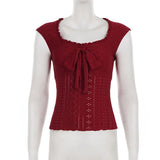 MQTIME  -  Japanese Sexy Solid Bow Tie Vest Square Neck Sleeveless Tee Spicy Girl American Retro 90s Short Top for Women 민소매 티 여성