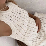 MQTIME  -  Knitted Beach Vacation Hollow Long Dress Lady O-neck Sleeveless Vest Summer A-line Dress Simple Solid Color Beach Cover Up Dress
