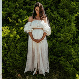 MQTIME  -  Fall Outfits 2024 Maternity Photography Dresses White Hollow Lace One Shoulder Long Sleeved Two-Piece Dress Bohemian Photography Dress For Women