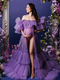 MQTIME  -  Classic Purple Maternity Dress for Photoshoot Off Shoulder Tiered High Low Robes for Pregnant Women Babyshower Gowns Customized