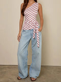 MQTIME  -  Women s Striped One Shoulder Tank Top with Tie-Up Waist and Sleeveless Design - Chic Streetwear Aesthetic Vest for Casual Wear
