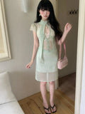 MQTIME  -  Summer French Coquette Sexy 2 Piece Skirt Set Women Sheer Chiffon Short Sleeve Tie Neck Cutout Lace Trim Slim Fit Bodycon Midi