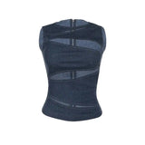 MQTIME  -  Casual Denim Crop Top Women Slim Hollow Out O-neck Vest Female Sleeveless Summer Stylish Tops Lady High Street Cool Club Party