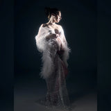 MQTIME  -  Sequin Mesh Evening Gown with Feathered Sleeve for Party & Formal Events | Hot Sale Starry Dress Maternity Photo Shoot