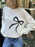 MQTIME  -  Korean Classic Bow Round Neck Pullover Sweater Long Sleeve Loose Slim Women Top Soft Fabric Autumn And Winter Warm Blouse Beige