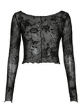 MQTIME  -  Sheer Mesh Patchwork Velvet Florals Crop Top Women Crew Neck Long Sleeved Slim T-shirt Hottie Autumn 2024 Streetwear