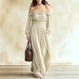 MQTIME  -  Women Off‑Shoulder Ruffle Maxi Dress Long Lantern Sleeve Smocked Waist Bohemian Flowy Long Dress Casual Beach Vacation Sundress