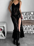 MQTIME  -  Sexy Lace Sling Long Dress Women See Through V Neck Sleeveless Split Ruffles Party Dress 2024 Fashion Solid High Waist Robes