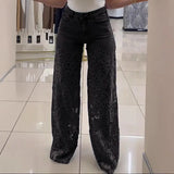 MQTIME  -  Plus Size Women's Stretch Denim Jeans With Cut-Out Lace Splicing Summer New High Waist Wide Pants Elegant Female Chic Trousers