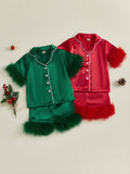 MQTIME  -  Girls Summer Pajama Sets with Short Sleeve Lapel Button Up Plush Cuff Shirt and Shorts for Comfortable Sleepwear