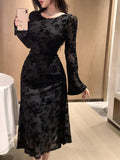  MQTIME  -  New Crew Neck Black Floral Lace Elegant Midi Dress Sexy Mesh Long Flare Sleeve Wedding Guest Dresses Women's Luxury Party Dress