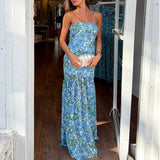 MQTIME  -  Spring Slim Fit Hem Long Dress Sexy Strapless Floral Print Boho Maxi Dress Womens Summer Fashion Off Shoulder Pleated Dress