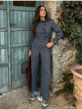 MQTIME  -  Ruffled Plaid Jumpsuit Women Fashion Causal O-Neck Long Sleeves Buttons Jumpsuits Female Chic High Waist Streetwear 2024 New