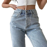 Mqtime new summer women's denim straight casual pants wide leg wash water hole mid waist denim smoke pipe pants women straight