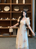 MQTIME  -  Summer French Design Elegant Sundress Women  Sleeves Floral Midi Dress Beach Style Casual Fashion Party Dress Korean
