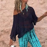 MQTIME  -  New Hollow Out Knitted O Neck Sunscreen Tops Casual Solid Color Long Sleeve Loose Pullovers Spring Summer New See-through Blouse