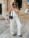 MQTIME  -  Elegant Striped Pants Set Women 2 Piece V-neck Sleeveless Single Breasted Top Wide Leg Trousers Sets 2024 Summer Nes Lady Outfit