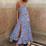 MQTIME  -  Bohemian Off Shoulder High Waist Long Dress Elegant Strapless Split Holiday Dress Fashion Floral Print Folds Women's Party Dress