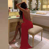 MQTIME  -  Mesh Sexy Deep V Neck Halter Maxi Dress Women Thigh Split Elegant Backless Sleeveless Off-shoulder Club Party Dress
