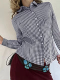 MQTIME  -  Spring New Design Color Contrasting Versatile Fine Grid Cotton Collar Long Sleeve Shirt for Women