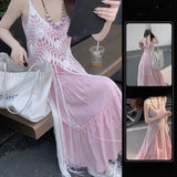 MQTIME  -  Two-piece Suit Women's Pink Gentle Suspender Dress Women's Summer New Vacation Style Seaside Fringed Blouse