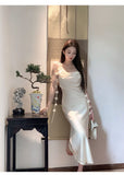 MQTIME  -  Summer Temperament Luxury White Suspender Dress Women Sleeveless Sexy Solid Tassel Slim Fit A Line Vestidos New Fashion