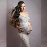 MQTIME  -  Sexy see-through Stretch Maternity Dress Photography Gown Shiny Goddess Rhinestones Pearls Luxurious Dress For Photo Shoot Props