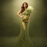 MQTIME  -  ﻿ Maternity Photoshoot Dress Perspective Mesh Single Shoulder - Summer Dress Adjustable Pregnancy Photo Session Props Floral Dress
