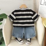 MQTIME  -  2Piece Sets Summer Toddler Boy Outfits Korean Fashion Stripe Cartoon Short Sleeve Baby Tops+Denim Shorts Kids Clothes BC2129