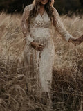  MQTIME  -  Elegant Sequin Maternity Dress Photoshoot Beige Long Sleeve V Neck Pregnancy Gown Vintage Maternity Photography Glitter Dresses